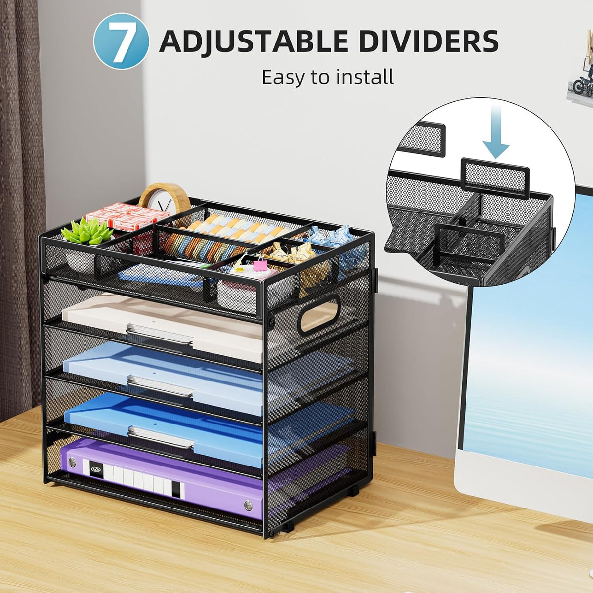 Marbrasse 5 Tier Paper Organizer Letter Tray, Mesh Desk File Organizer with Handle, Paper Sorter Desk Organizer for Home Office Supplies - Black, Adjustable
