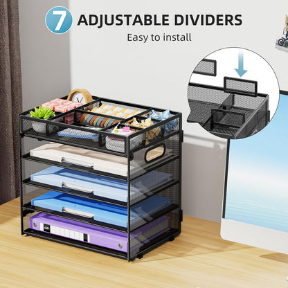 Marbrasse 5 Tier Paper Organizer Letter Tray, Mesh Desk File Organizer with Handle, Paper Sorter Desk Organizer for Home Office Supplies - Black, Adjustable