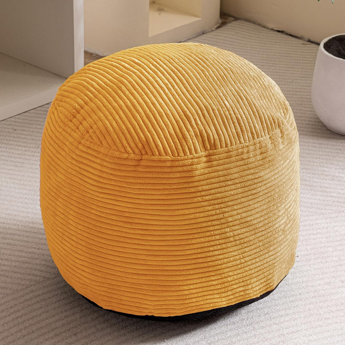 Round Stuffed Pouf Ottoman, Corduroy Poufs with Foam Chunk Filling, Furry and Fluffy Pouf Foot Stool Storage Ottoman, 20 X 15 Floor Poufs Foot Rest for Living Room, Dark Grey