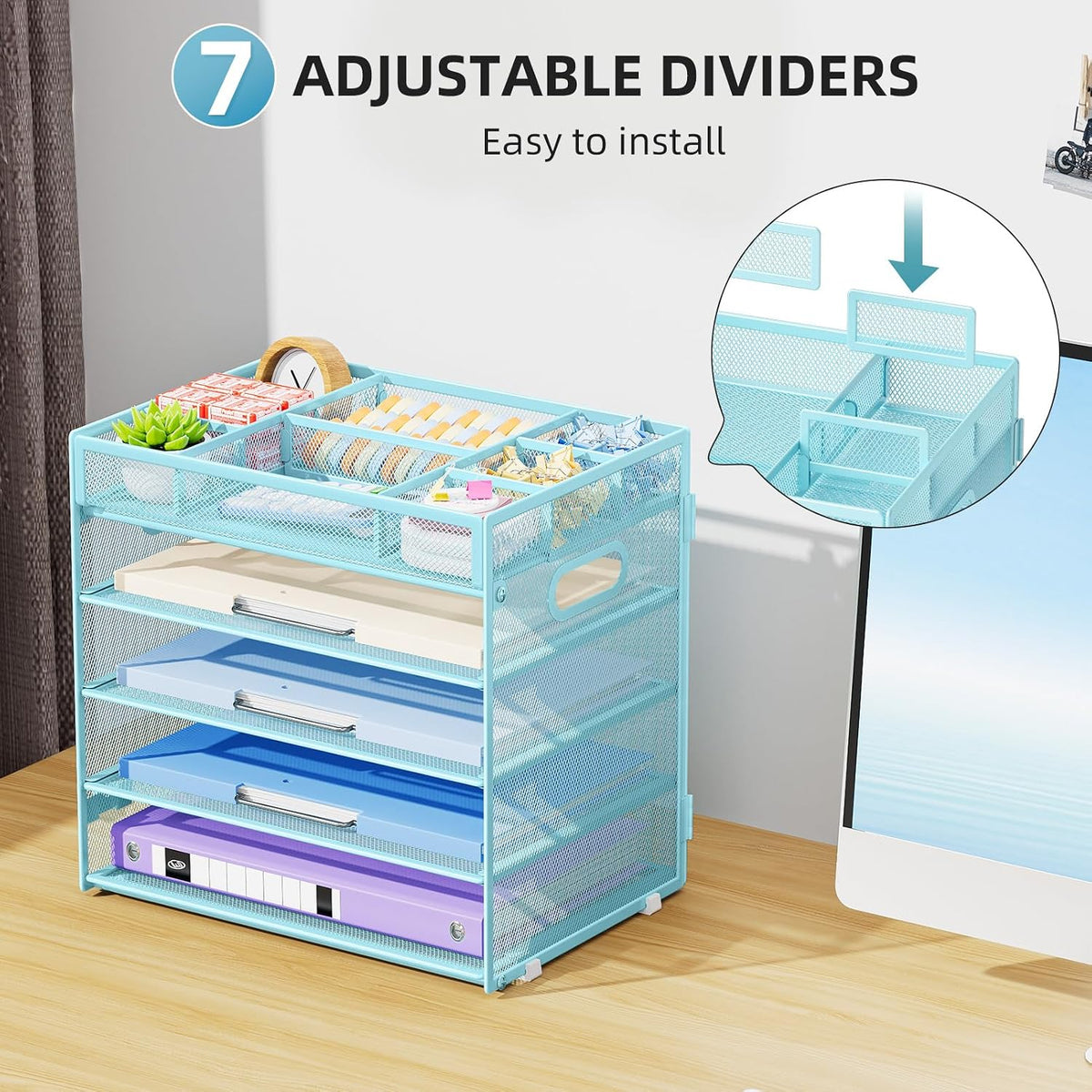 Marbrasse 5 Tier Paper Organizer Letter Tray, Mesh Desk File Organizer with Handle, Paper Sorter Desk Organizer for Home Office Supplies - Black, Adjustable