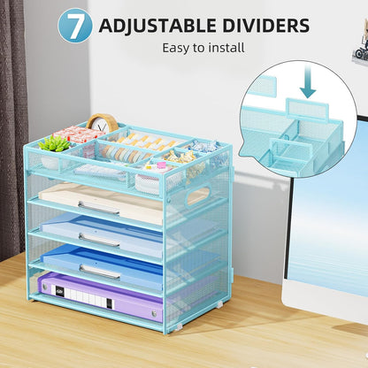 Marbrasse 5 Tier Paper Organizer Letter Tray, Mesh Desk File Organizer with Handle, Paper Sorter Desk Organizer for Home Office Supplies - Black, Adjustable