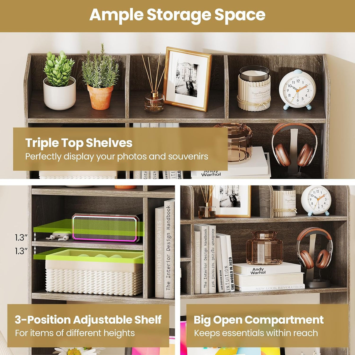 Desktop Bookshelf, Countertop Storage Hutch with 5 Shelves for Computer Desk, Desk 3-Tier Display Rack, Multipurpose Wood Desktop Hutch Storage Organizer for Dorm Office Home
