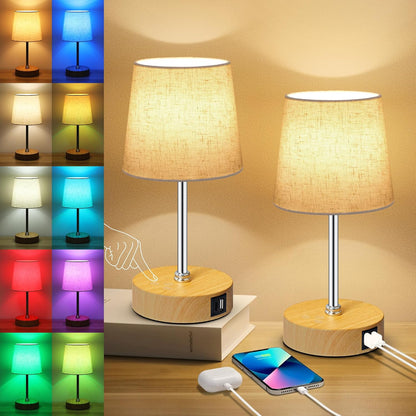 Ascher Small Bedside Table lamp, RGB Color Changing Lamps, 3 Color Temperatures, Dimmable Nightstand Lamp with USB C+A Ports, Touch Desk Lamp for Bedroom Living Room, H11.4in(Flaxen Shade)