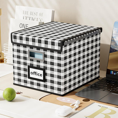 Upgraded Portable File Organizer Box with Lid, Collapsible Linen Hanging Filing Storage Boxes with Plastic Slides, Decorative Home/Office Filing System Box for File and Folders Storage (Gray)