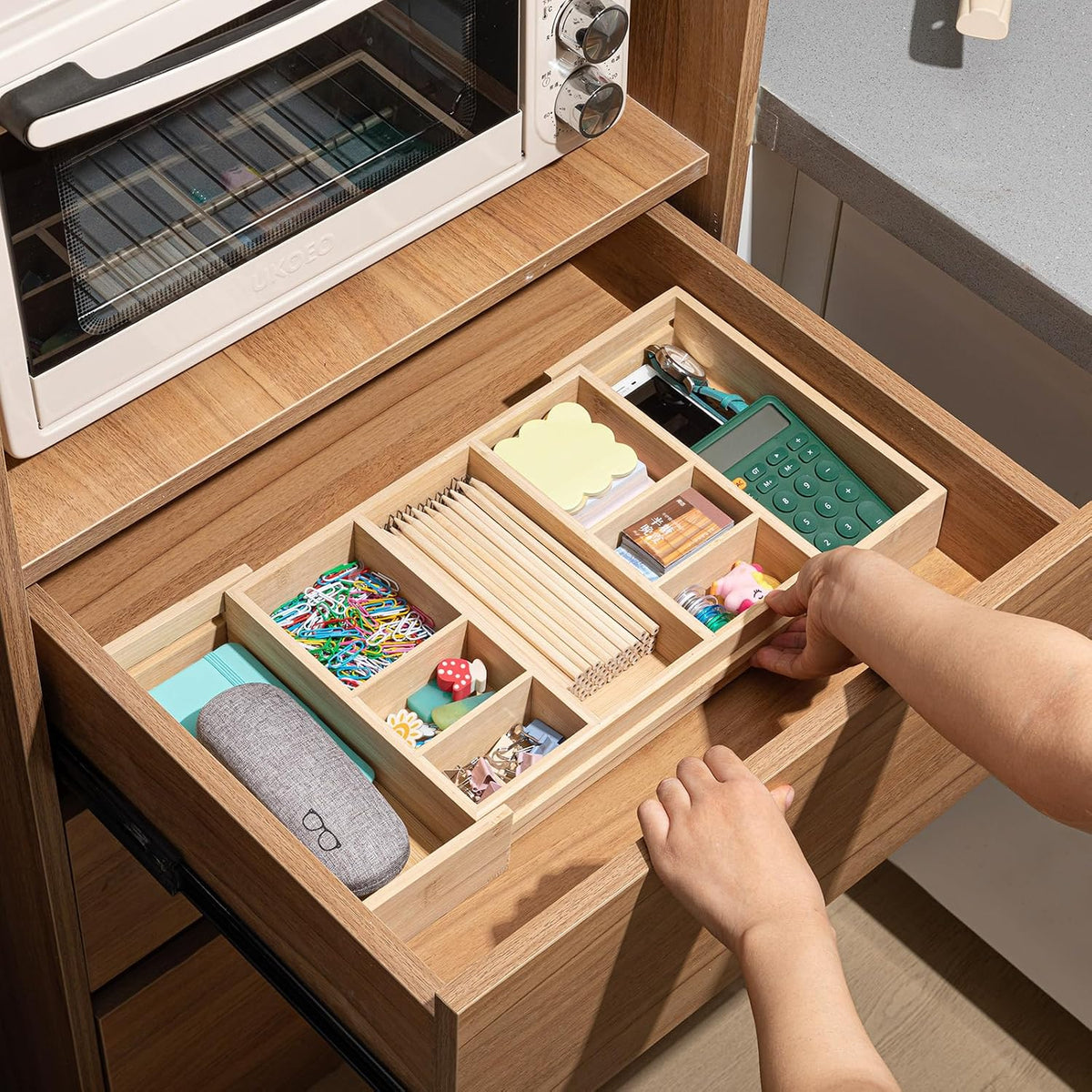 Weysat Sliding Expandable Bamboo Wood Desk Drawer Organizer with 9 Compartments 12"x9" Expandable to 20"x9" Office Desk Organizer Tray Divider Drawer for Office Supplies Makeup Jewelry Vanity