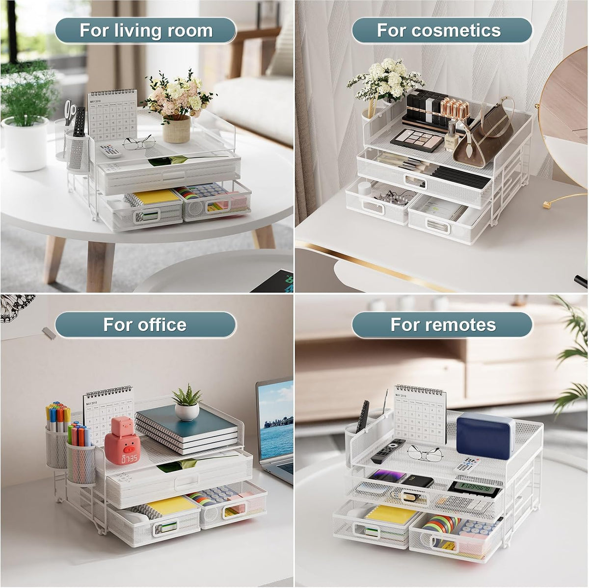 Marbrasse 3 Tier Mesh Desk Organizer with Drawer, Multi-Functional Desk Organizers and Accessories, Paper Letter Organizer with 2 Pen Holder for Home Office Supplies (Black)