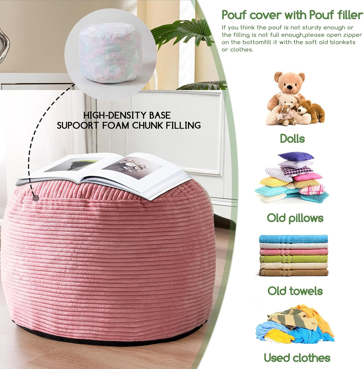 Round Stuffed Pouf Ottoman, Corduroy Poufs with Foam Chunk Filling, Furry and Fluffy Pouf Foot Stool Storage Ottoman, 20 X 15 Floor Poufs Foot Rest for Living Room, Dark Grey