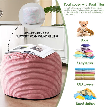 Round Stuffed Pouf Ottoman, Corduroy Poufs with Foam Chunk Filling, Furry and Fluffy Pouf Foot Stool Storage Ottoman, 20 X 15 Floor Poufs Foot Rest for Living Room, Dark Grey