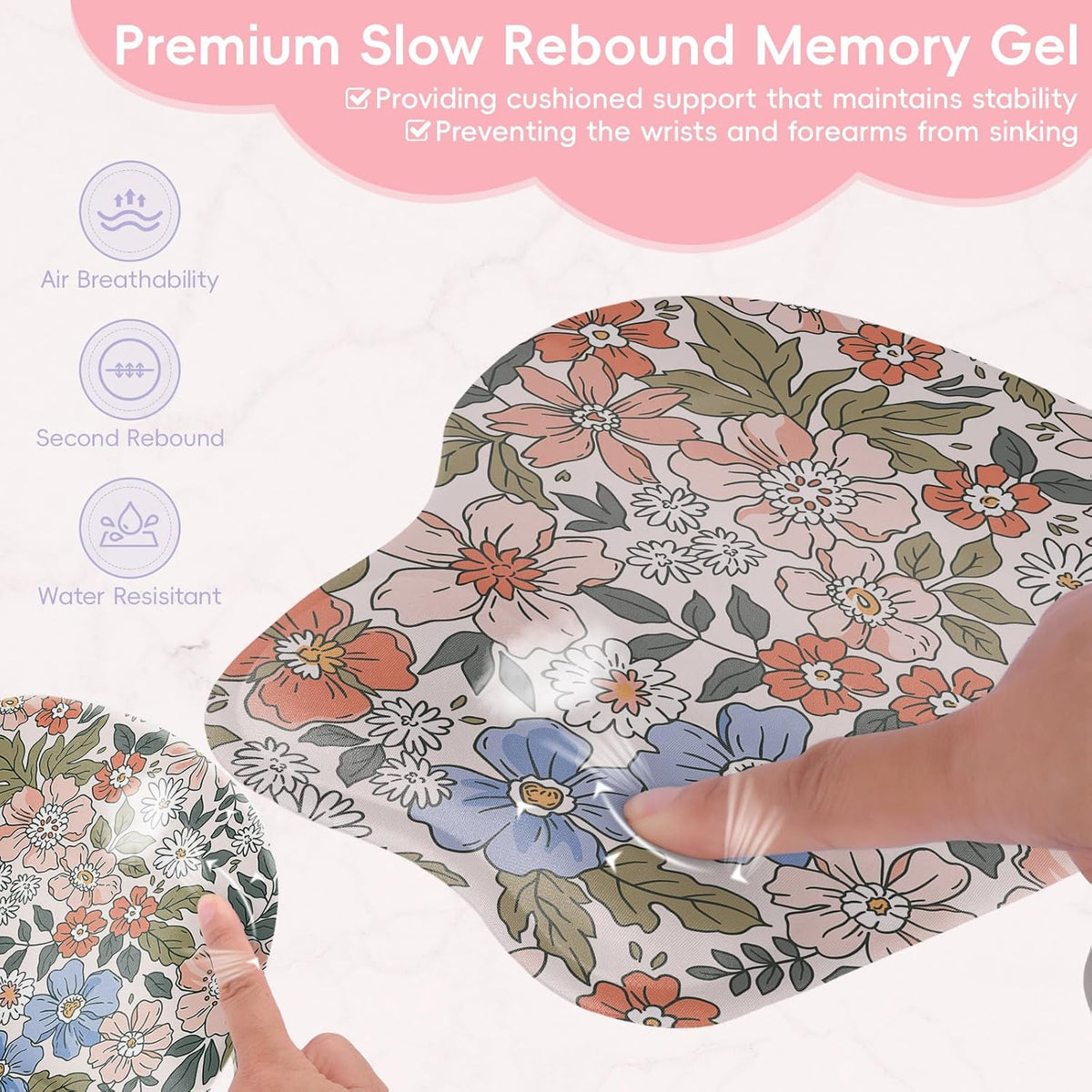 Wrist Support Mouse Pad Anti Slip Rubber Wrist Rest Mousepad 9in X 8in Small Desktop Notebook Mouse Mat for Working and Gaming (M-Pink Floral)