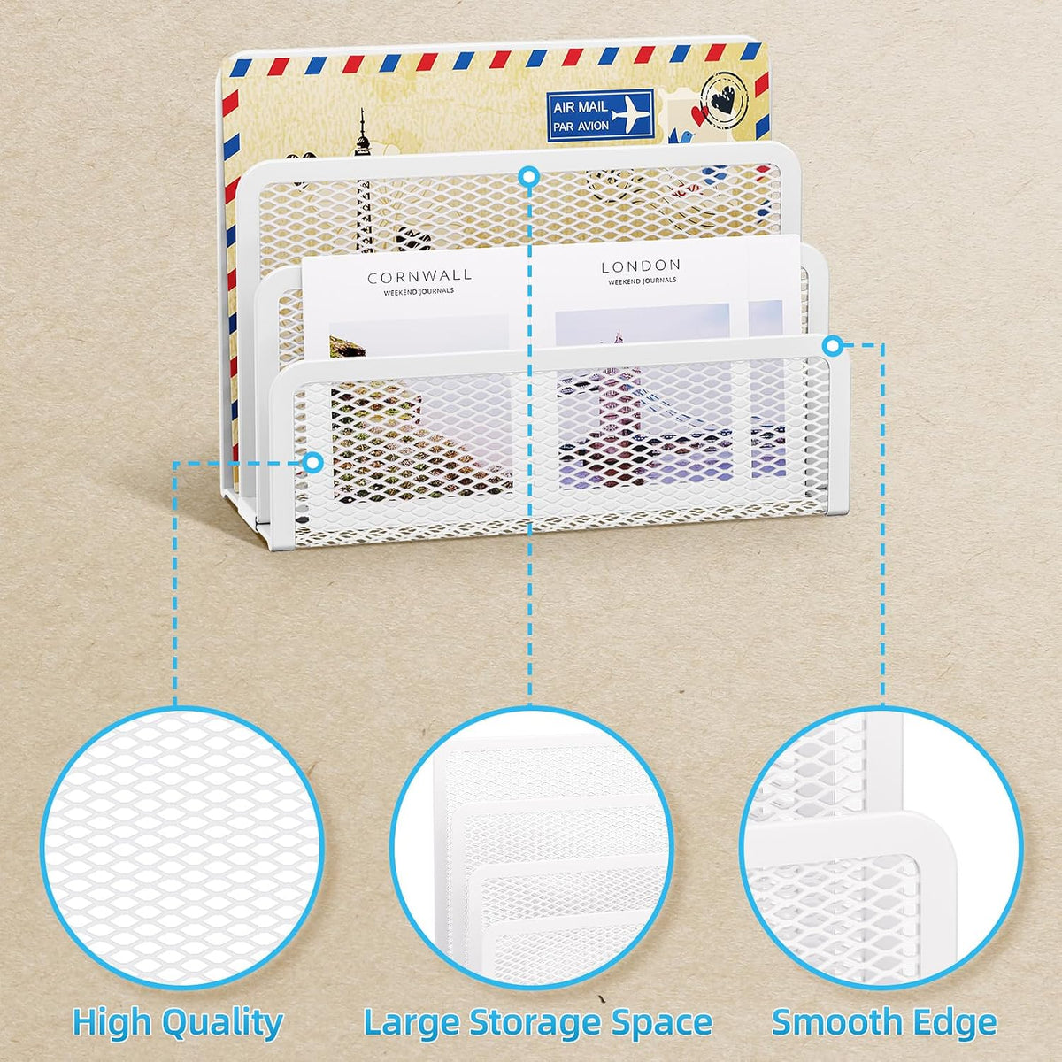 Marbrasse Mail Organizer for Desk, 3-Slot Mesh Metal Mail Holder countertop, Letter Holder, Office Desktop Envelope and Document Storage Rack (2P)