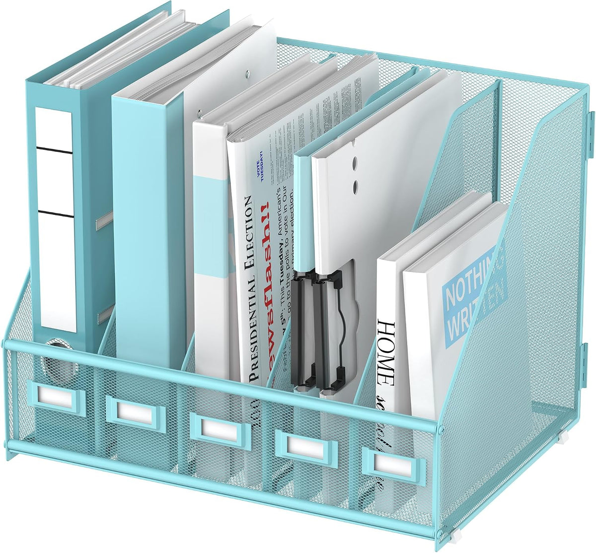 Desk Organizers Metal Desk Magazine File Holder with 5 Vertical Compartments Rack File Organizer for Office Desktop, Classroom, Home Workspace, Black