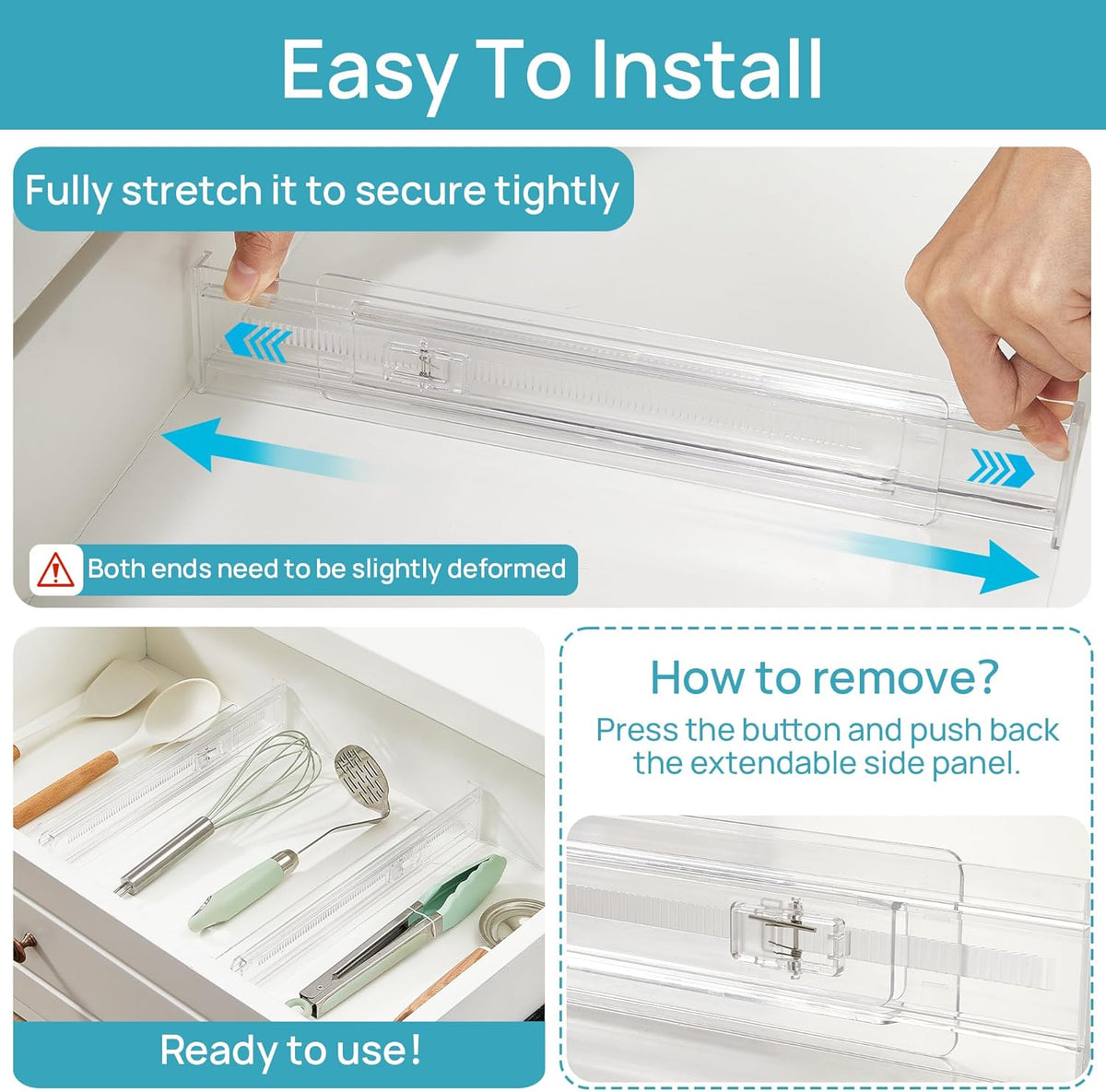 Vtopmart 8 Pack Shallow Drawer Dividers, 2.36" High 12.5"-20.8" Adjustable Expandable Kitchen Drawer Organizer, Clear Plastic Organizer Separators for Flatware, Utensil, Cutlery, Underwear, Clothes