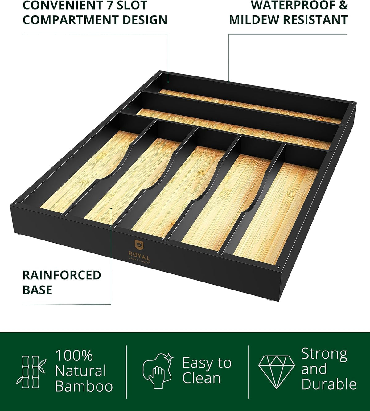 ROYAL CRAFT WOOD Luxury Bamboo Kitchen Drawer Organizer - Silverware Organizer, Utensil Holder & Cutlery Tray Drawer Dividers for Flatware (9 Slot, Natural)
