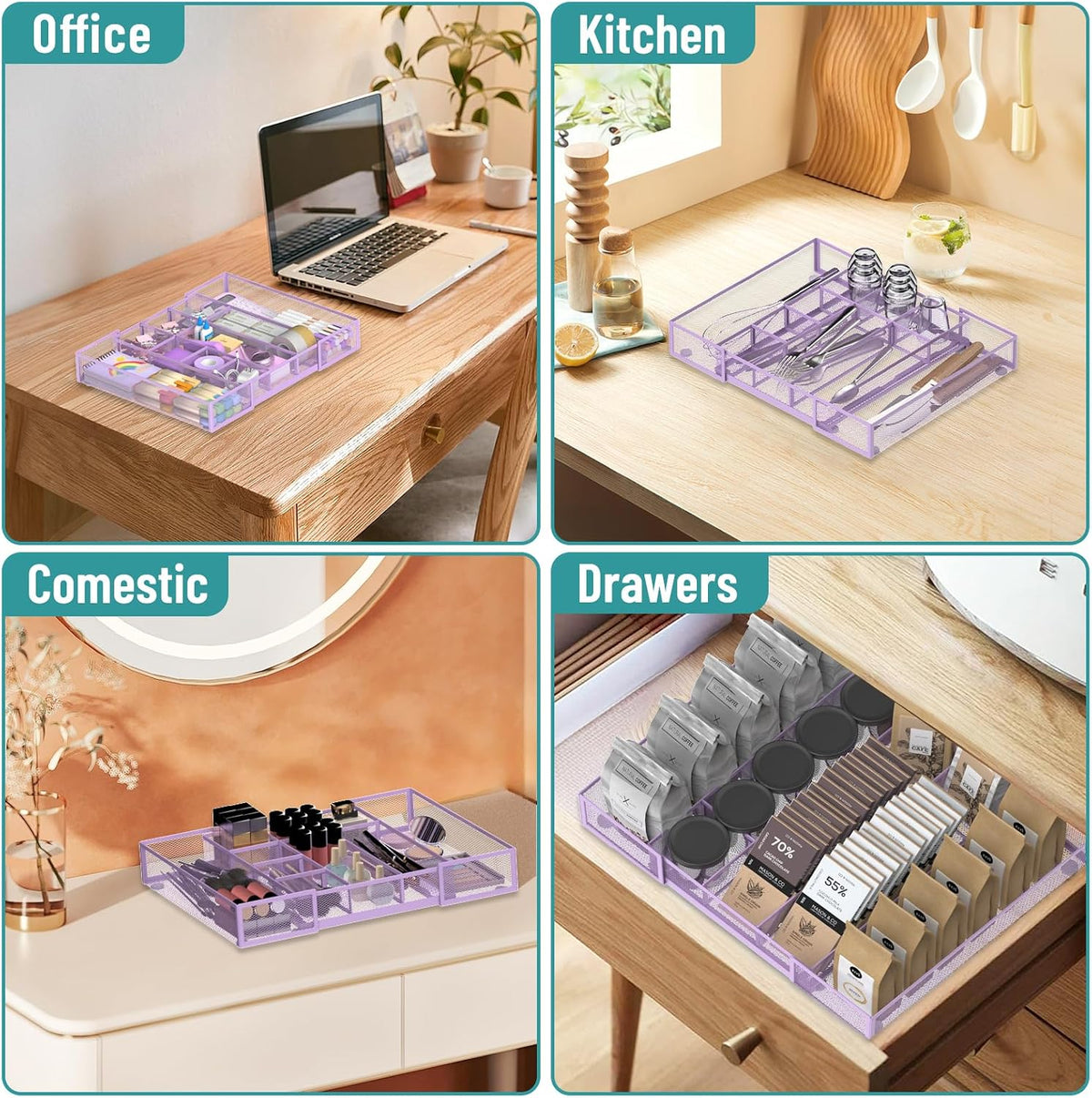 Expandable Desk Drawer Organizer Tray with 10 Adjustable Compartments, Metal Mesh Office Drawer Organizer, Versatile Desk Organizer for Home, School Supplies, Makeup Vanity & Jewelry (Black)