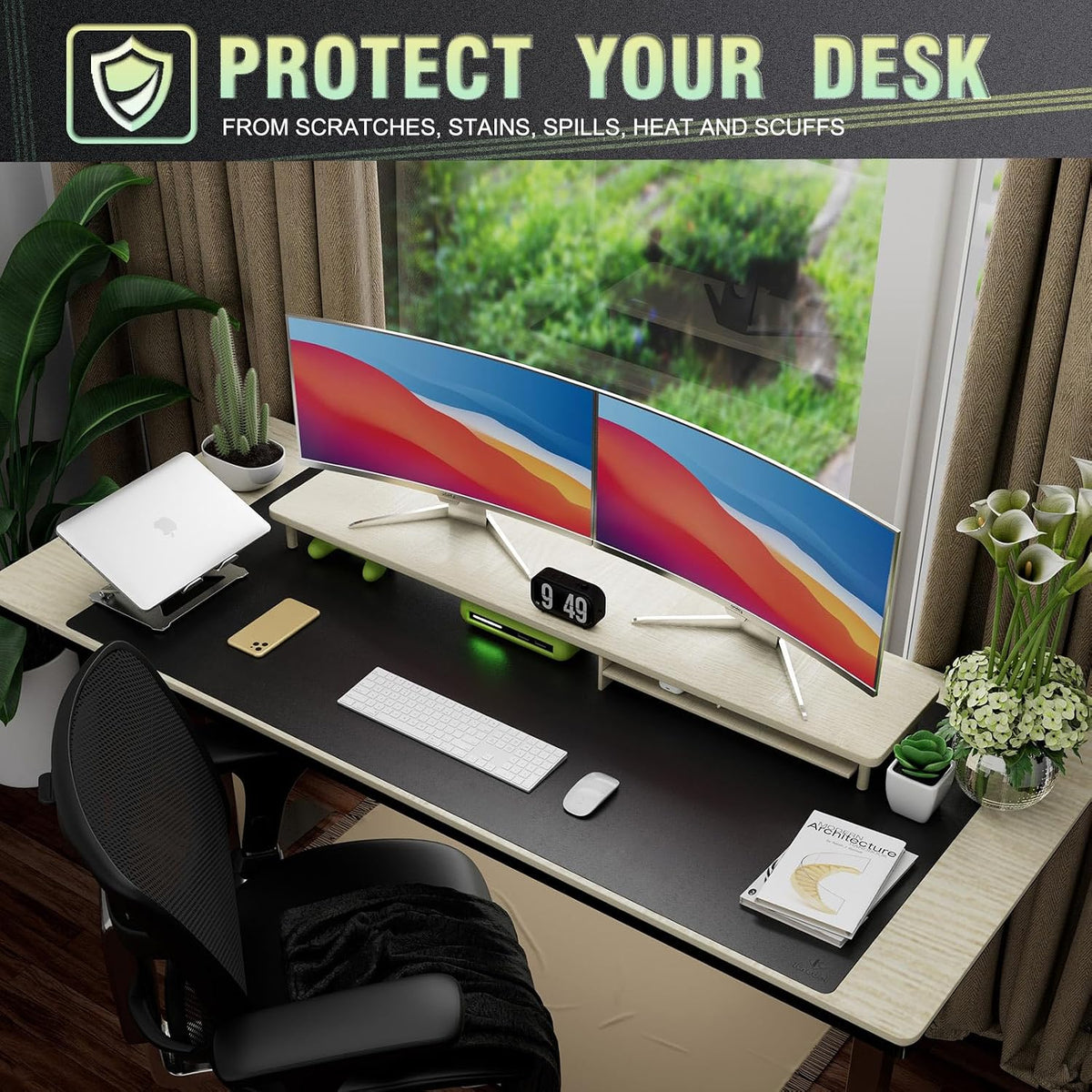 K KNODEL Large Office Leather Desk Mat, Mouse and Keyboard Pad, Computer and Laptop Mat, Desktop Protector and Cover, Writing Pad and Blotter (31.5"x15.7", Black)