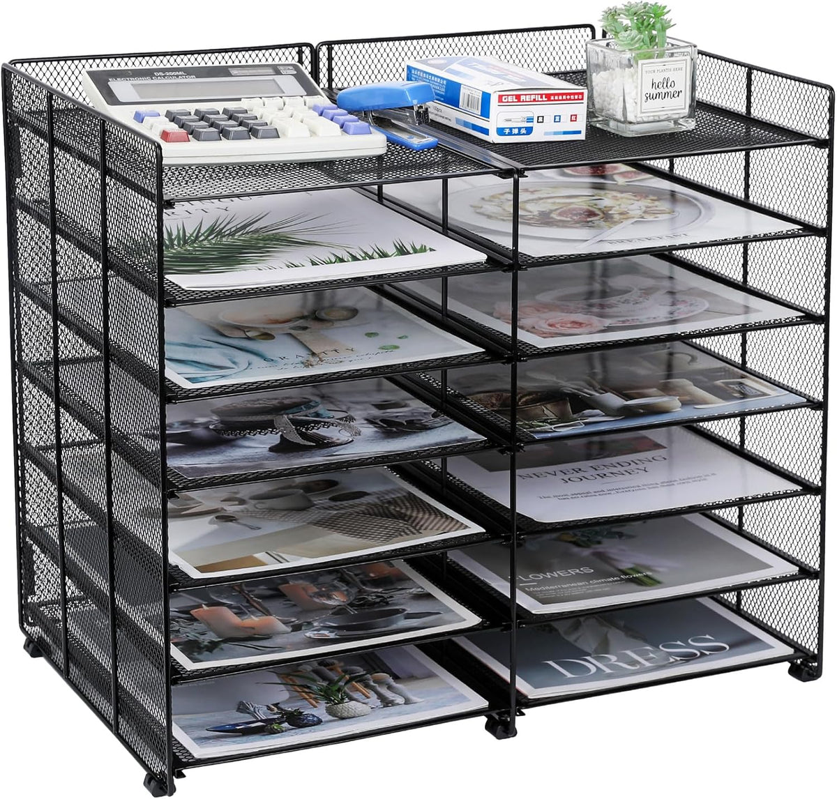 TQVAI 7-Tier Desk Paper Organizer, 12 Slots Mesh Countertop File Mail Organizer, Adjustable Sliding Shelves, Desktop Mailbox Cubbies for Office, Classroom, Black