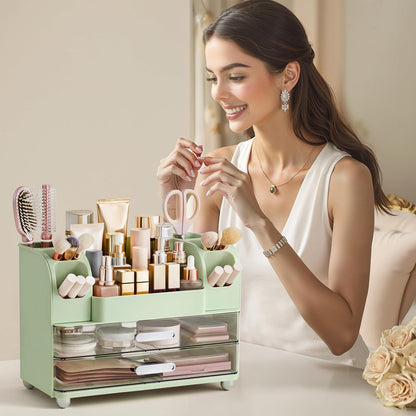 HBlife Makeup Organizer for Vanity with Brush Holder, Large Bathroom Countertop Cosmetic Organizer Skin Care Storage, Easy to Store Lipsticks, Nail Polishes, Perfumes, Eyeshadow Palettes, All White