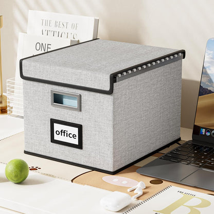 Upgraded Portable File Organizer Box with Lid, Collapsible Linen Hanging Filing Storage Boxes with Plastic Slides, Decorative Home/Office Filing System Box for File and Folders Storage (Gray)