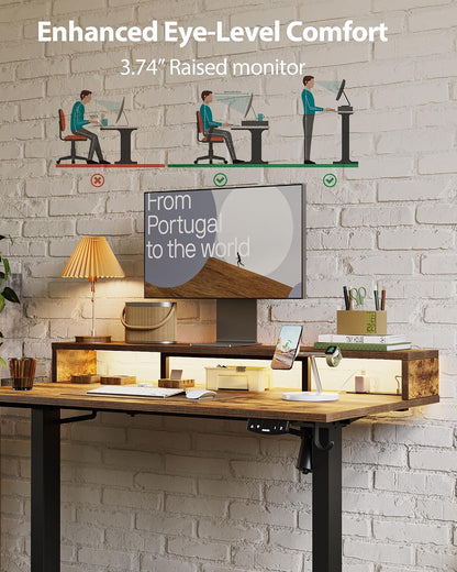 48 * 24 Inch Electric Standing Desk with Shelf & Led, Dark Walnut