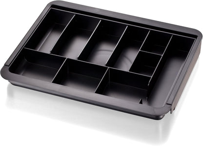 Officemate Expandable Drawer Organizer Tray, Adjustable 10.3"–16" Width, Customizable Compartments with Dividers, Recycled Plastic, Black
