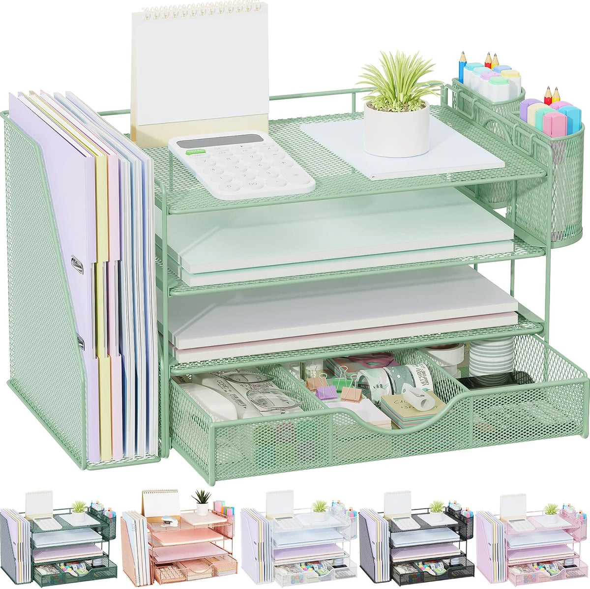 gianotter Desk Organizers and Accessories with File Holder, 4-Tier Desk Accessories & Workspace Organizers with Drawer and 2 Pen Holder, Paper Organizer for Office Supplies (Rose Gold)