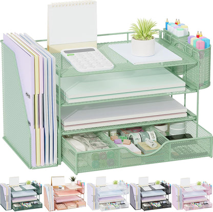 gianotter Desk Organizers and Accessories with File Holder, 4-Tier Desk Accessories & Workspace Organizers with Drawer and 2 Pen Holder, Paper Organizer for Office Supplies (Rose Gold)