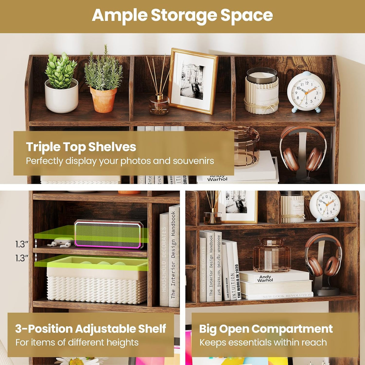 Desktop Bookshelf, Countertop Storage Hutch with 5 Shelves for Computer Desk, Desk 3-Tier Display Rack, Multipurpose Wood Desktop Hutch Storage Organizer for Dorm Office Home