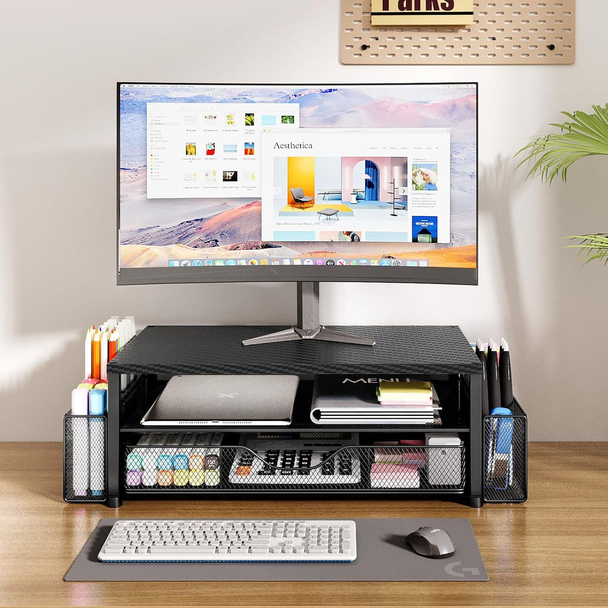 Desk Organizers and Accessories, Computer Monitor Stand Riser with Drawer and 2 Pen Holders, Printer & Laptop Stand, Office Desk Accessories & Workspace Organizers for Home Office Supplies, Black