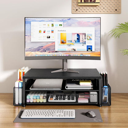 Desk Organizers and Accessories, Computer Monitor Stand Riser with Drawer and 2 Pen Holders, Printer & Laptop Stand, Office Desk Accessories & Workspace Organizers for Home Office Supplies, Black