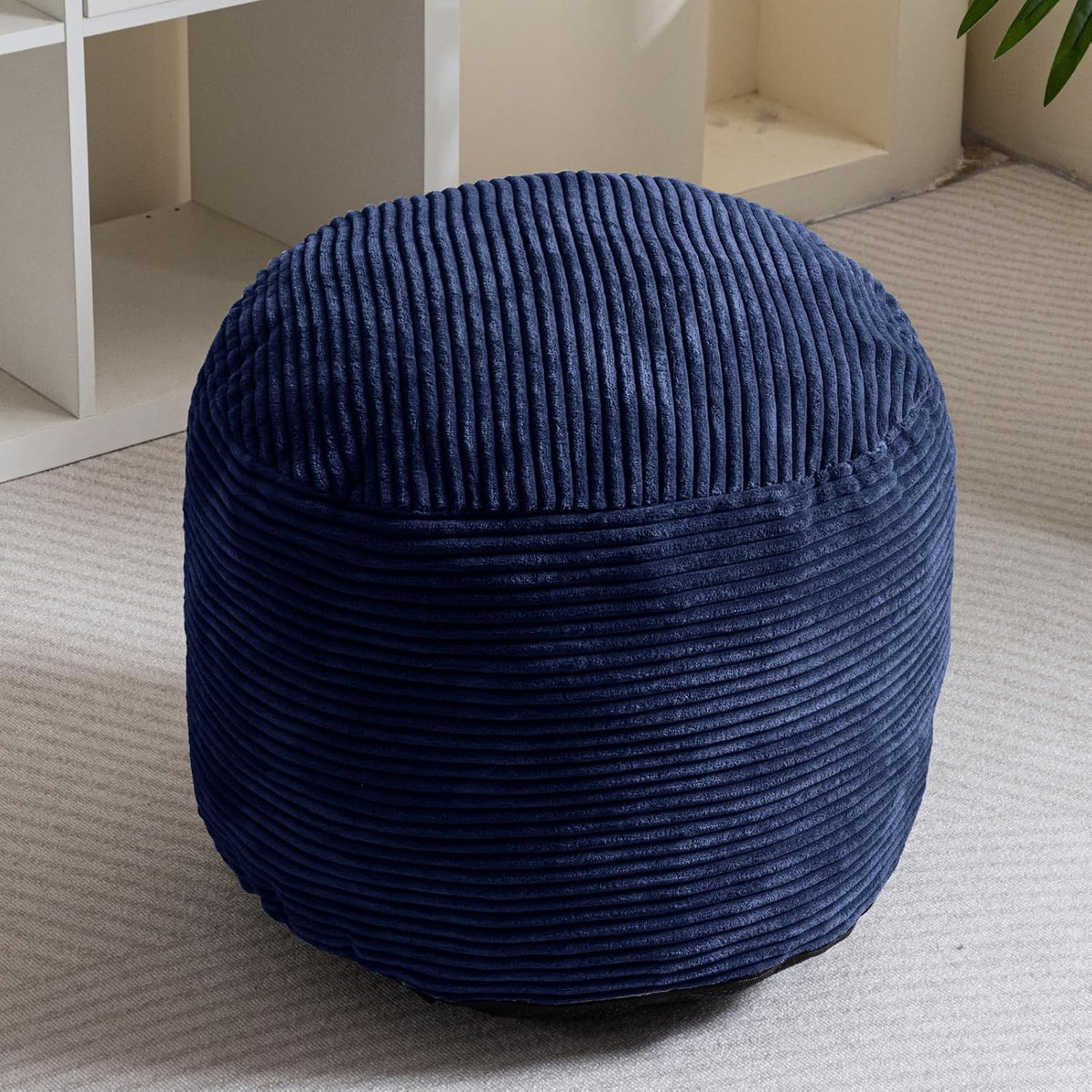 Round Stuffed Pouf Ottoman, Corduroy Poufs with Foam Chunk Filling, Furry and Fluffy Pouf Foot Stool Storage Ottoman, 20 X 15 Floor Poufs Foot Rest for Living Room, Dark Grey