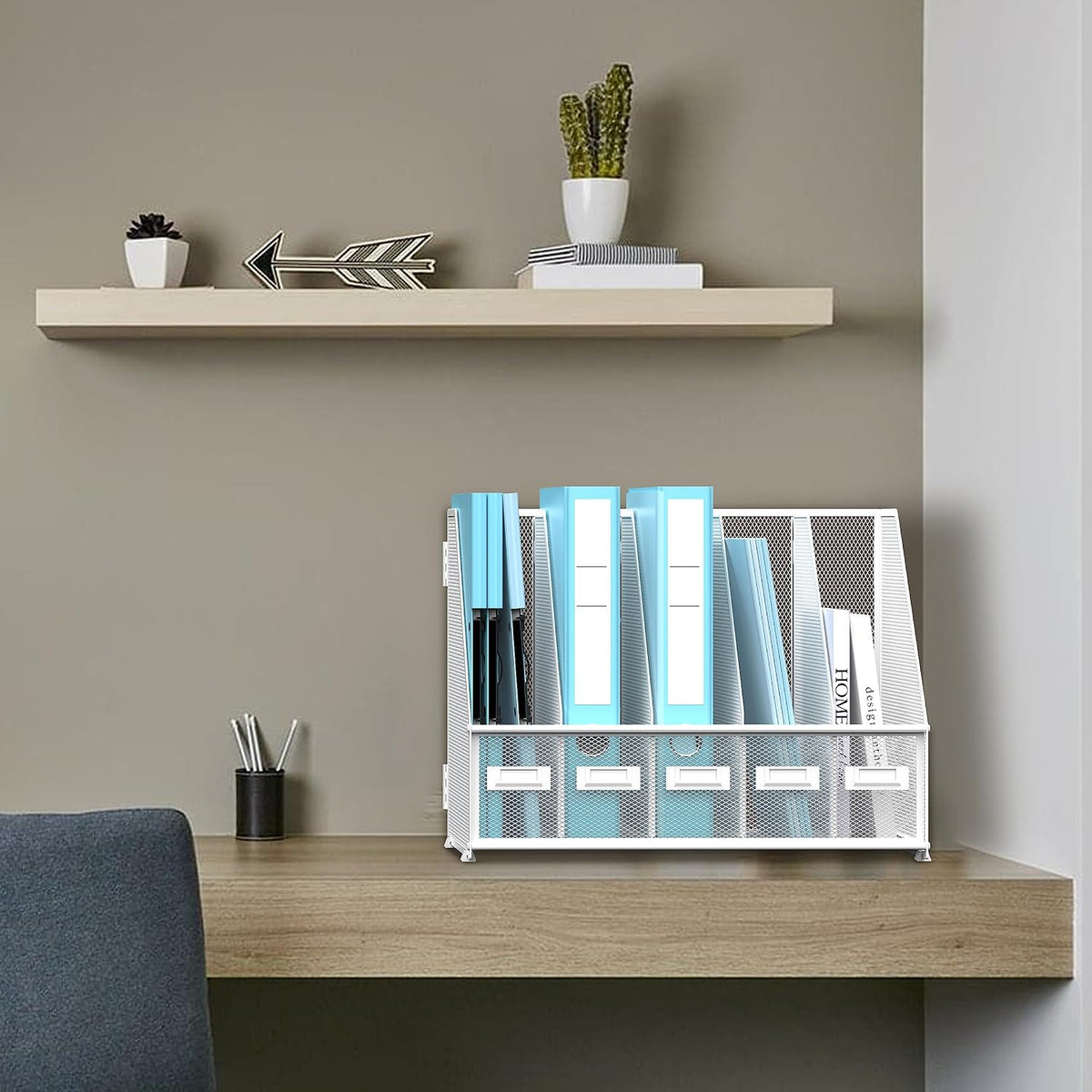 Desk Organizers Metal Desk Magazine File Holder with 5 Vertical Compartments Rack File Organizer for Office Desktop, Classroom, Home Workspace, Black