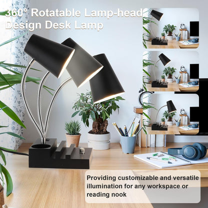 LALISU Study Desk Lamp with USB Charging and Type-C Night Light, Gooseneck LED Table Lamp Stepless Dimming Study Table Lamp with Pen Holder for College Dorm Bedroom and Office (Black)