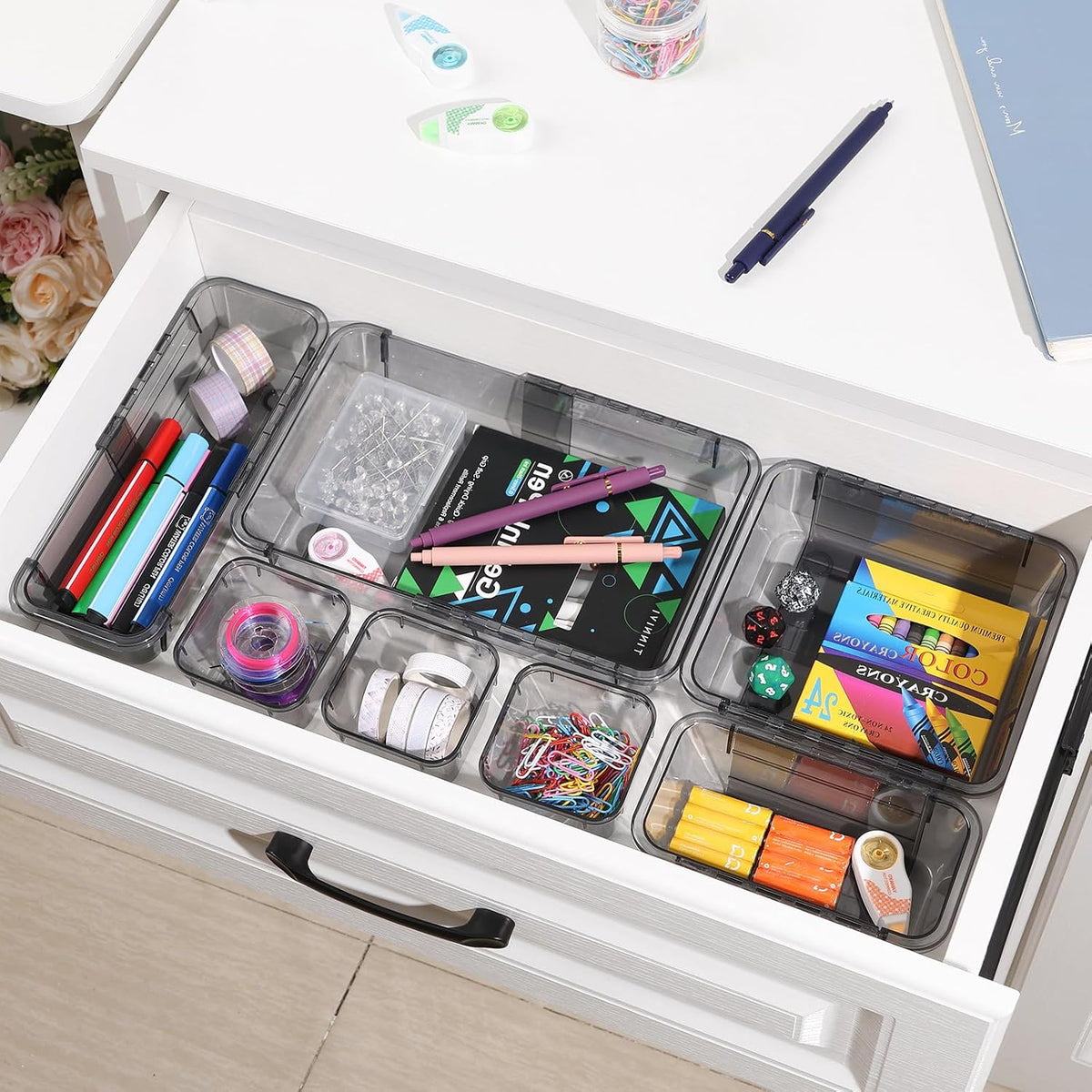 Adjustable Clear Drawer Organizer, Extendable Vanity Storage Bins, Desk Drawer Organizer Set for Makeup, Cosmetics, Bedroom, and Gadgets, Purple
