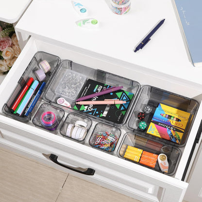 Adjustable Clear Drawer Organizer, Extendable Vanity Storage Bins, Desk Drawer Organizer Set for Makeup, Cosmetics, Bedroom, and Gadgets, Purple