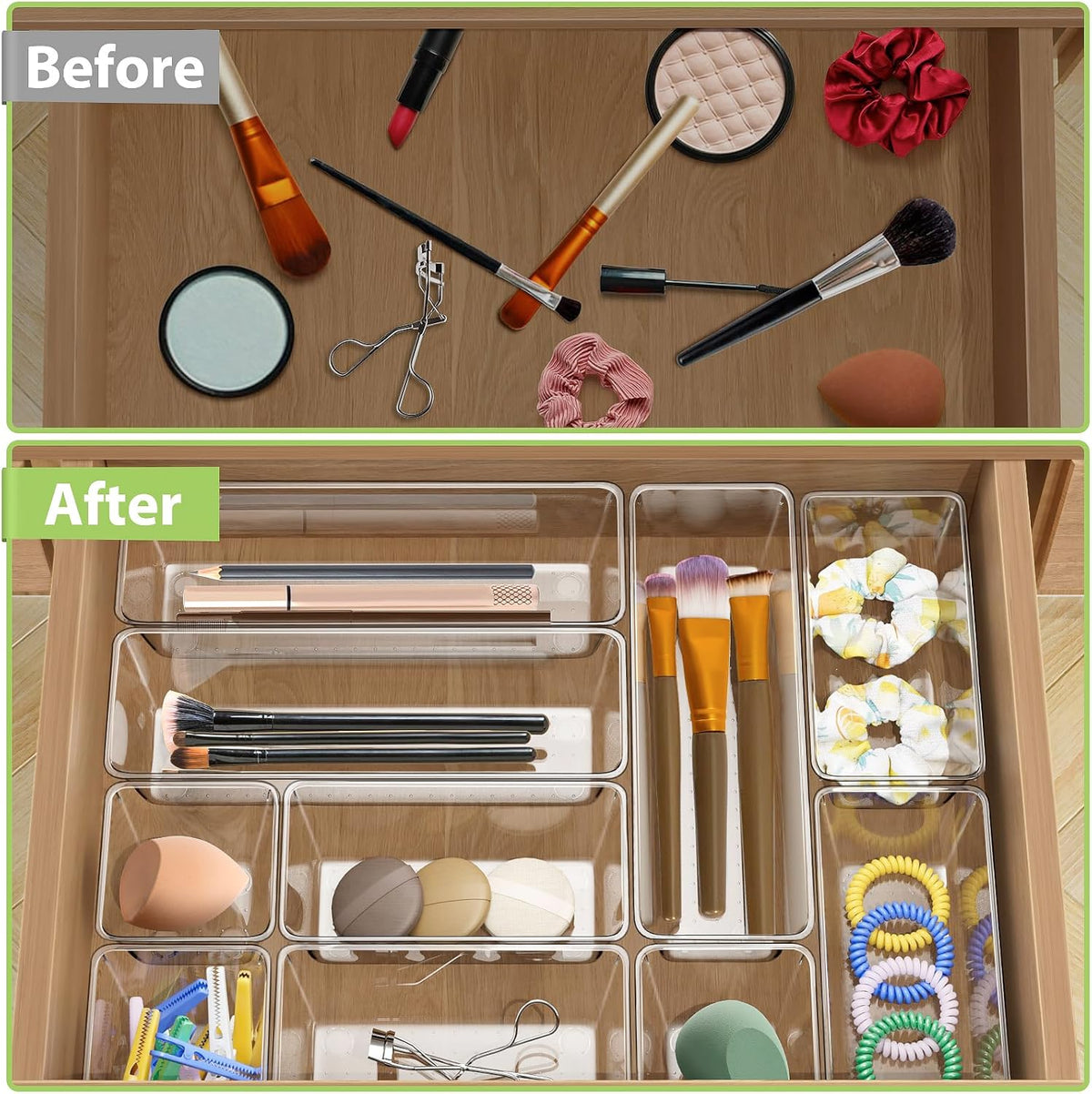 Clear Drawer Organizer Set, 3 Sizes Bathroom Vanity Organizer Trays and Storage Bins for Makeup, Cosmetics, Jewelry, and Gadgets. Perfect for Office, Kitchen, Bedroom, Bathroom Use.