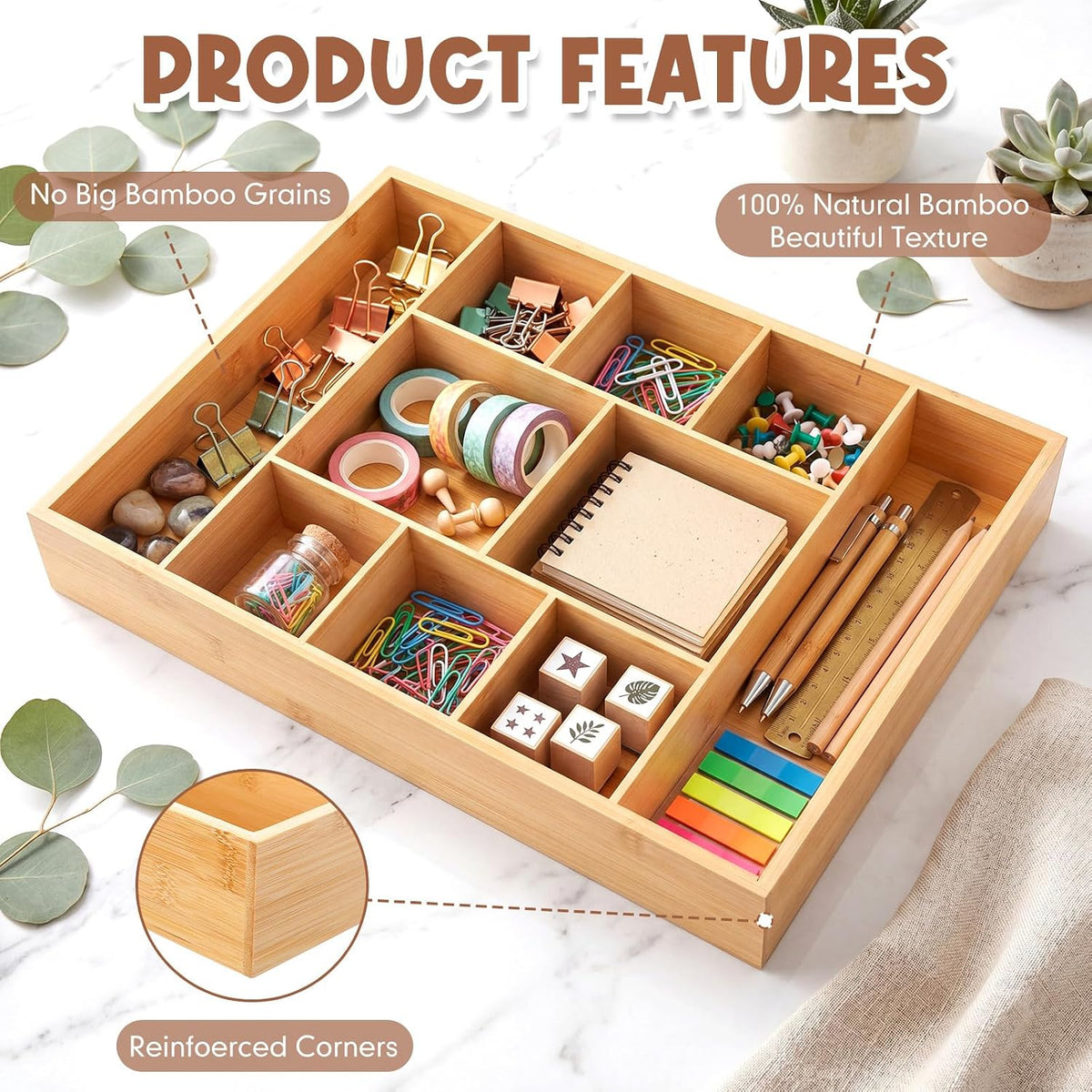 SiliFine 2 Pack Large Bamboo Desk Drawer Organizer, 10 Compartment Organization Tray Junk Drawer Storage Box Multi-use Container Bin for Kitchen, Sewing, Makeup, Office, Bathroom Vanity, 16.5"x12"