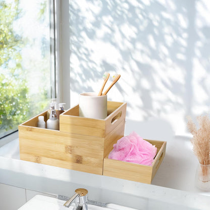 3-Piece Stackable Bamboo Storage Box, Large Storage Bin, Wooden Boxes for Makeup Drawer Organizer Bathroom, Office Supplies, Kitchen Utensils, Bamboo Storage Containers (Medium)