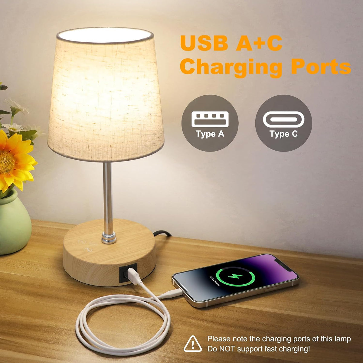 Ascher Small Bedside Table lamp, RGB Color Changing Lamps, 3 Color Temperatures, Dimmable Nightstand Lamp with USB C+A Ports, Touch Desk Lamp for Bedroom Living Room, H11.4in(Flaxen Shade)