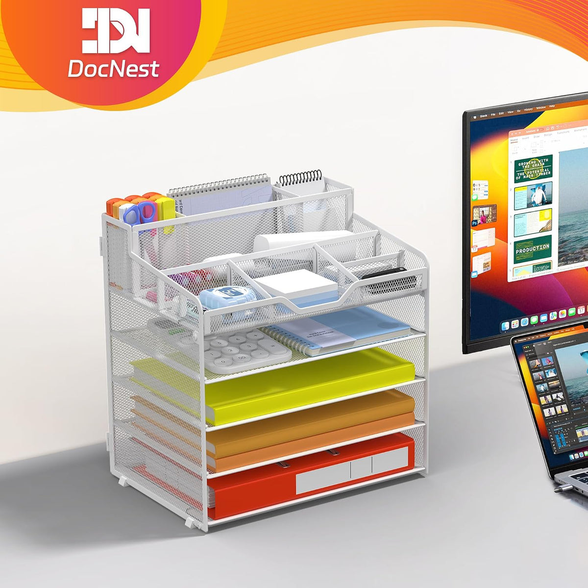 Docnest 5 Tier Mesh Desk Organizer for Paper Office Supplies – Multi-Functional Letter Tray with 5 Adjustable Compartments, 3 Pen Holders, Desktop Storage for Files, Mail, Stationery – Black