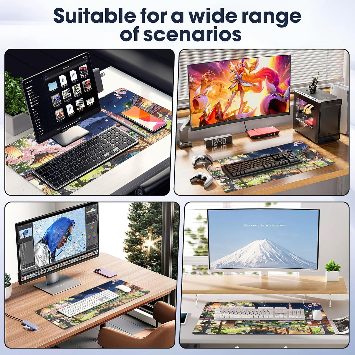31.5" x 15.7" Waterproof Fabric Desk Pad, Rubber Anti-Slip Base, Stitched Edges No Curling, Fits Laptop Keyboard and Mouse, Smooth Office Mat Large Mouse Pad for Work Game, Black