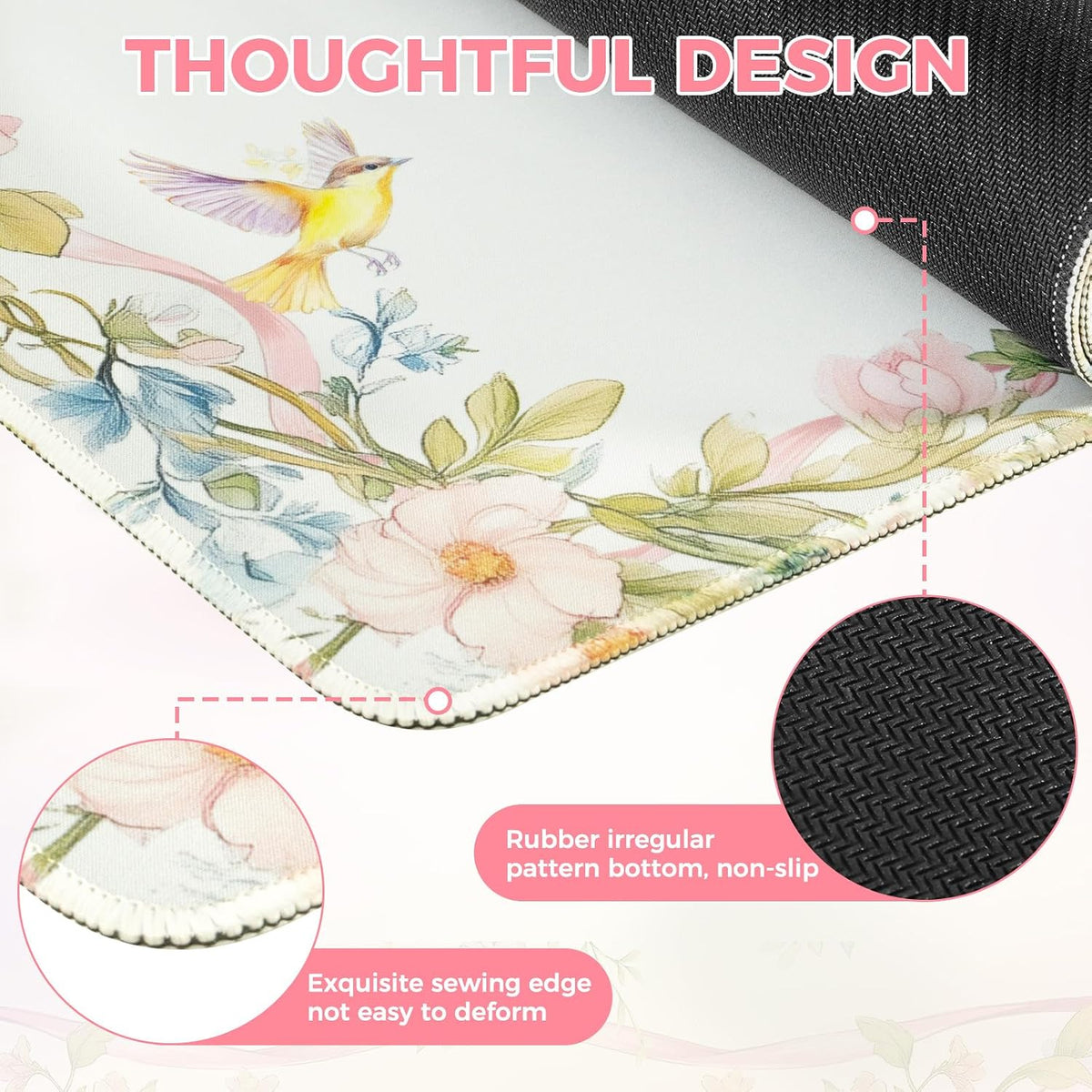 Desk Mat,Mouse Pad for Office Desk,35.4x15.7in,Pink Flowers