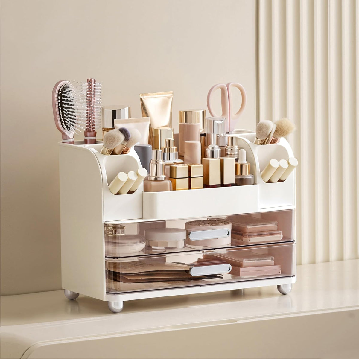 HBlife Makeup Organizer for Vanity with Brush Holder, Large Bathroom Countertop Cosmetic Organizer Skin Care Storage, Easy to Store Lipsticks, Nail Polishes, Perfumes, Eyeshadow Palettes, All White
