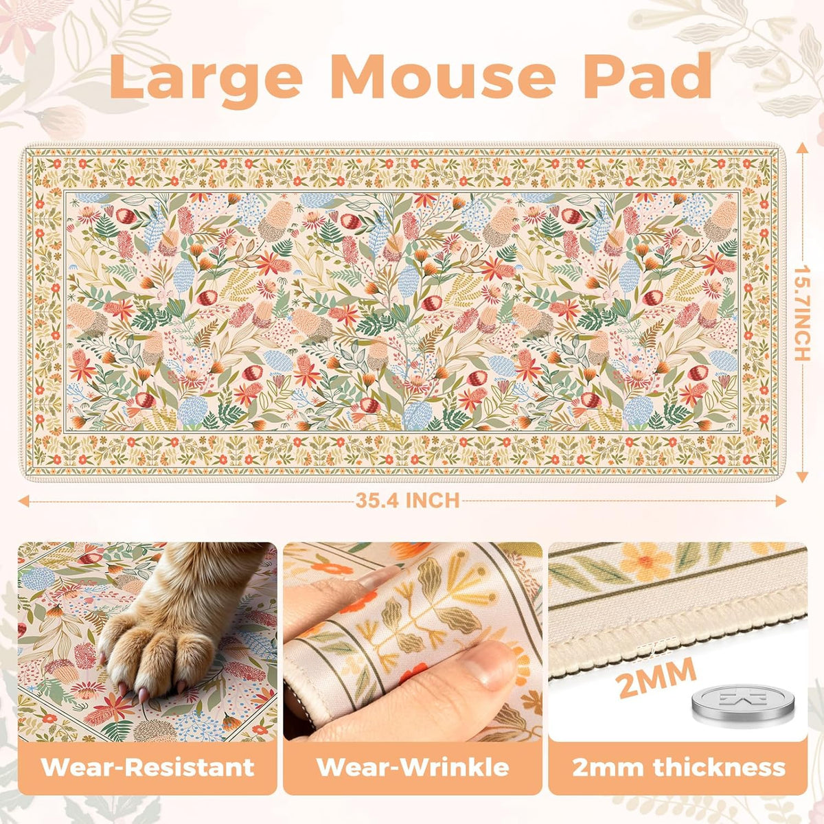 Desk Mat,Mouse Pad for Office Desk,35.4x15.7in,Pink Flowers