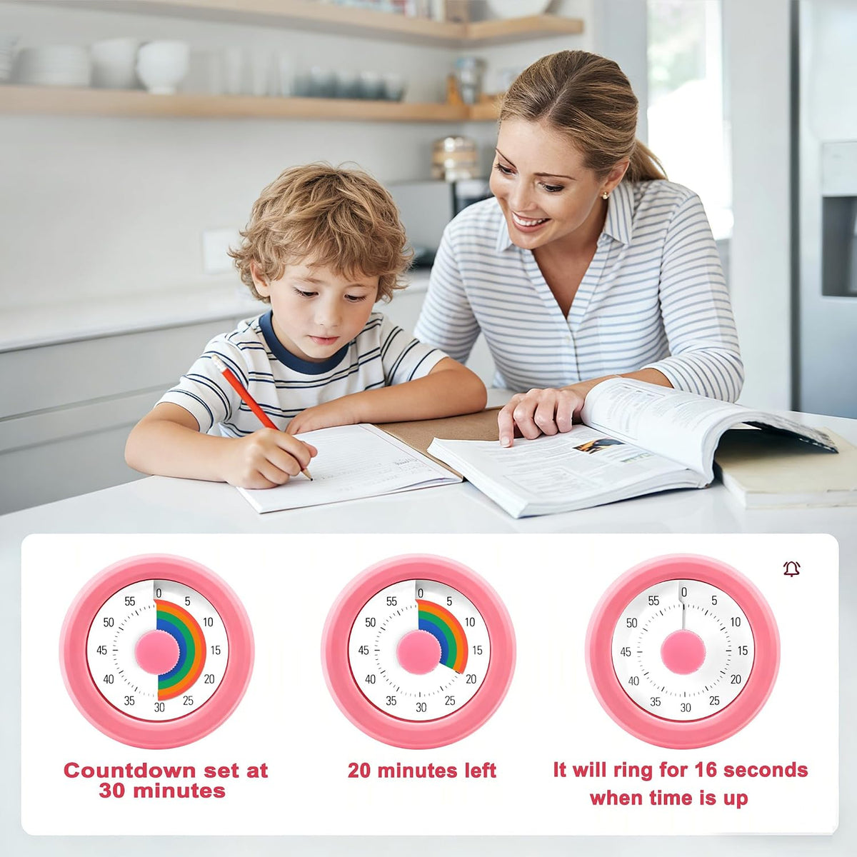 60 Minute Visual Timer with Silent Operation Visual Countdown Timer Rainbow Disk 60 Minute Countdown Timer Task Reminder Home and Kitchen Timer for Kids Desk, Office Meetings (White-Rainbow)