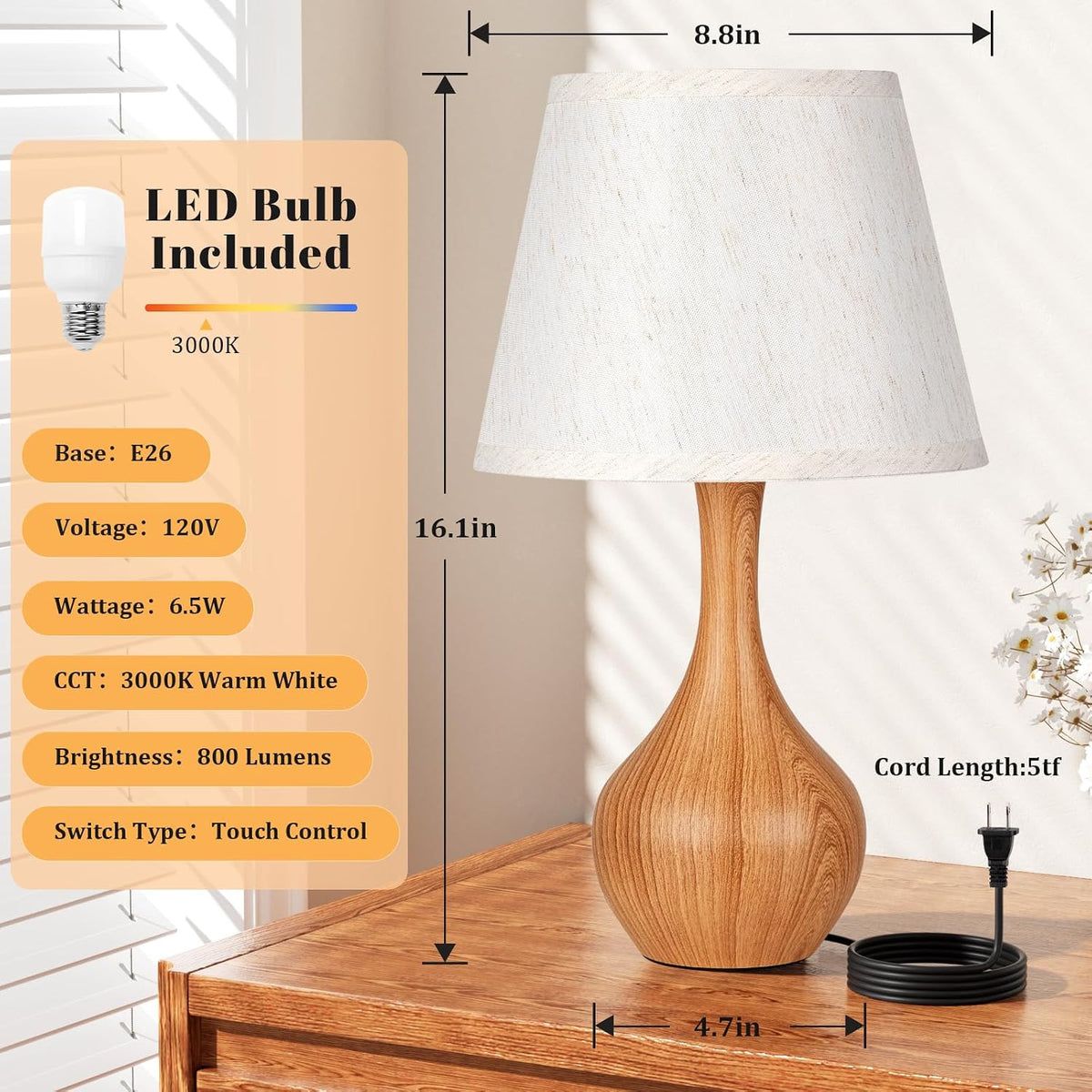 Seealle Touch Table Lamp for Bedroom, 3-Way Dimmable Small Bedside Lamps for Night Stands with Wires, Wood-Paint Desk Lamp for Kids Room, Office, Living Room, End Table(LED Bulb Included)