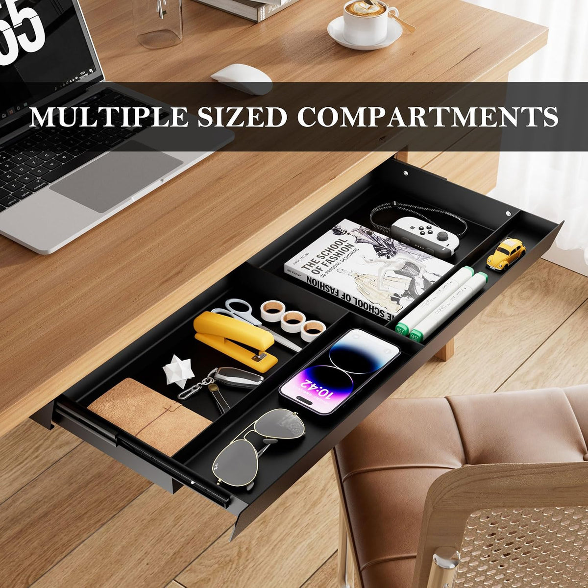 Under Desk Drawer 28.3" Wide, 60° Ergonomic Tilt Organizer with Multi-Compartment – Ball Bearing Slides, Fully Assembled, Under Desk Storage for Home Office Supplies