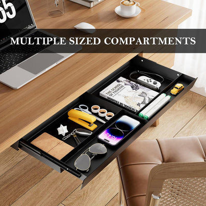 Under Desk Drawer 28.3" Wide, 60° Ergonomic Tilt Organizer with Multi-Compartment – Ball Bearing Slides, Fully Assembled, Under Desk Storage for Home Office Supplies