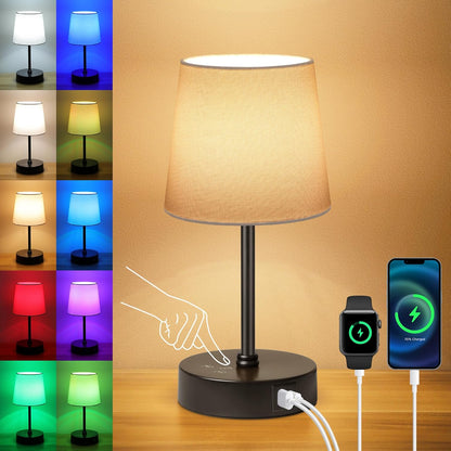 Ascher Small Bedside Table lamp, RGB Color Changing Lamps, 3 Color Temperatures, Dimmable Nightstand Lamp with USB C+A Ports, Touch Desk Lamp for Bedroom Living Room, H11.4in(Flaxen Shade)