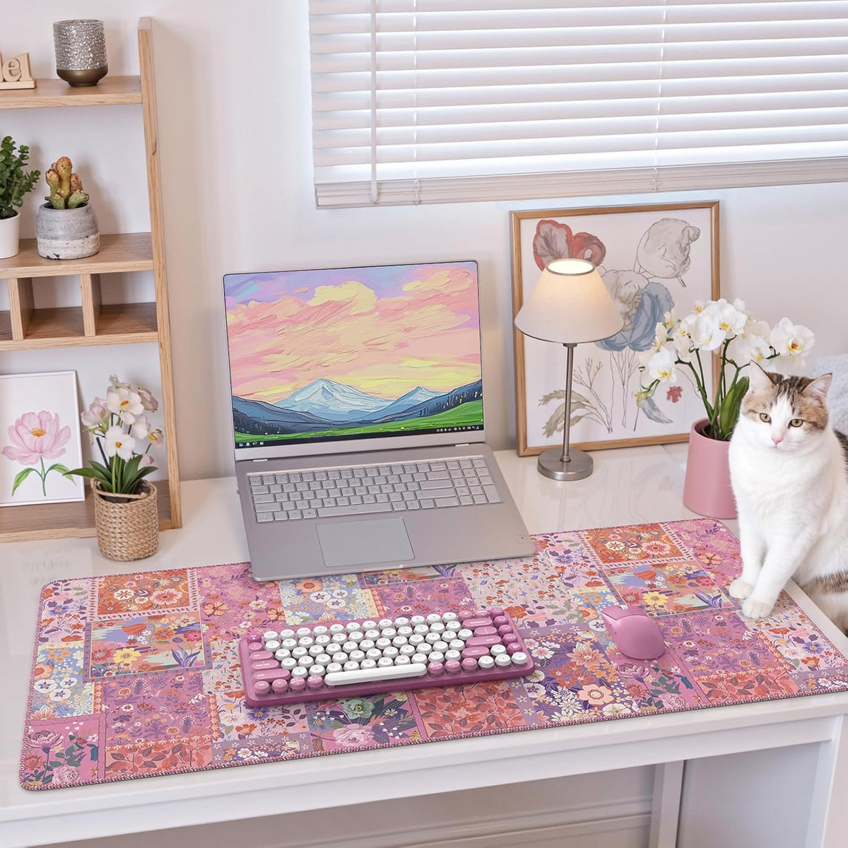 Desk Mat,Mouse Pad for Office Desk,35.4x15.7in,Pink Flowers