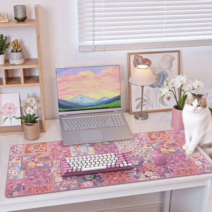 Desk Mat,Mouse Pad for Office Desk,35.4x15.7in,Pink Flowers